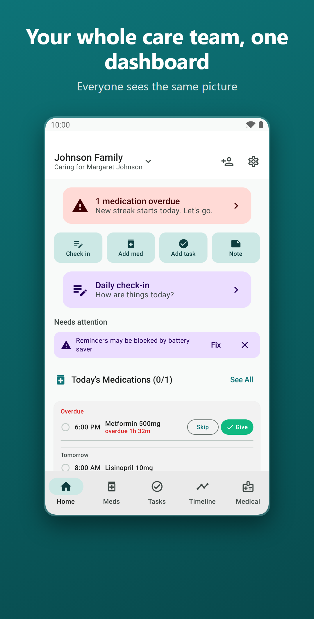 CareRing dashboard: today's medications, quick actions and daily check-in