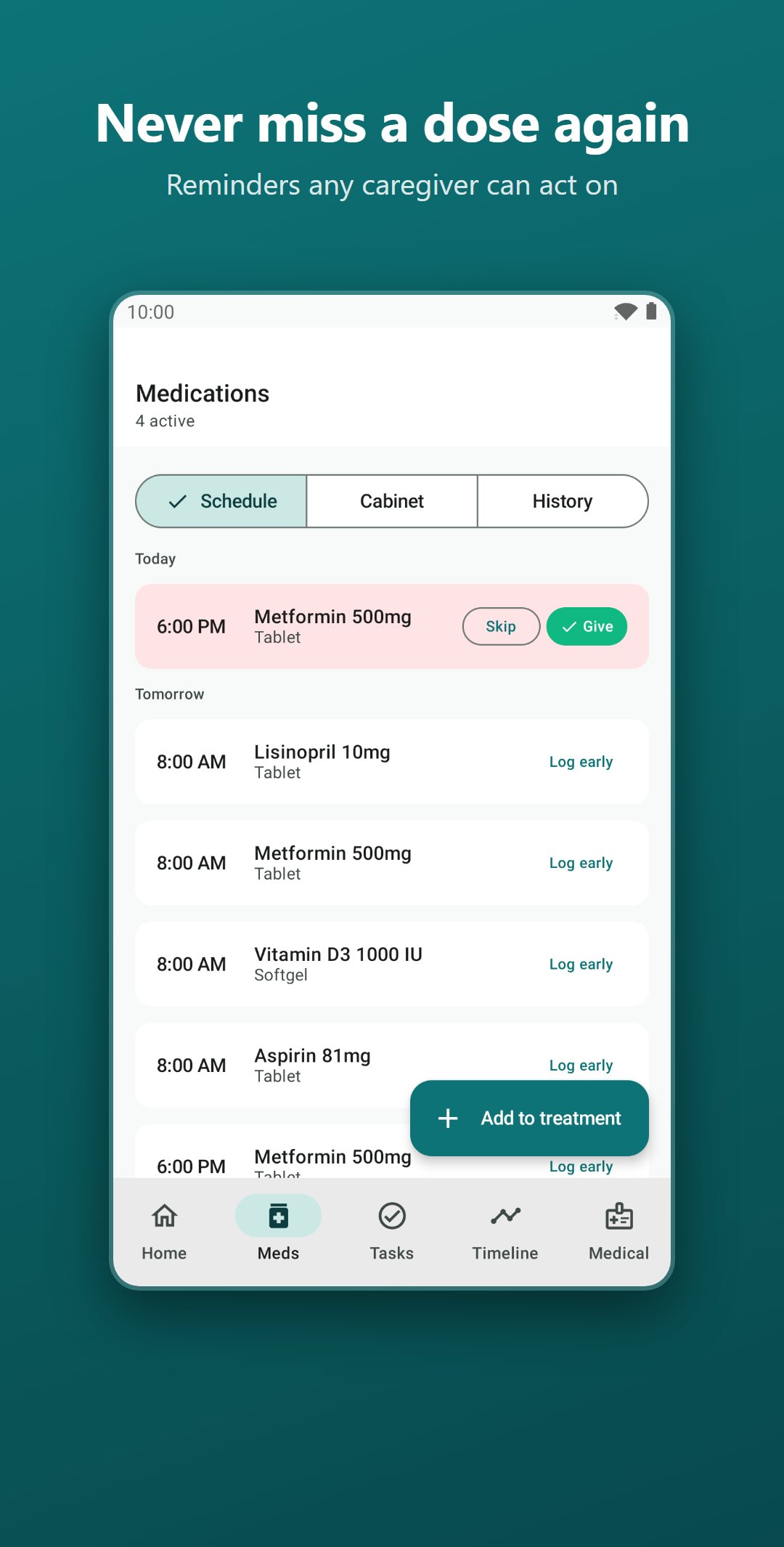 CareRing medications screen with schedules and reminders