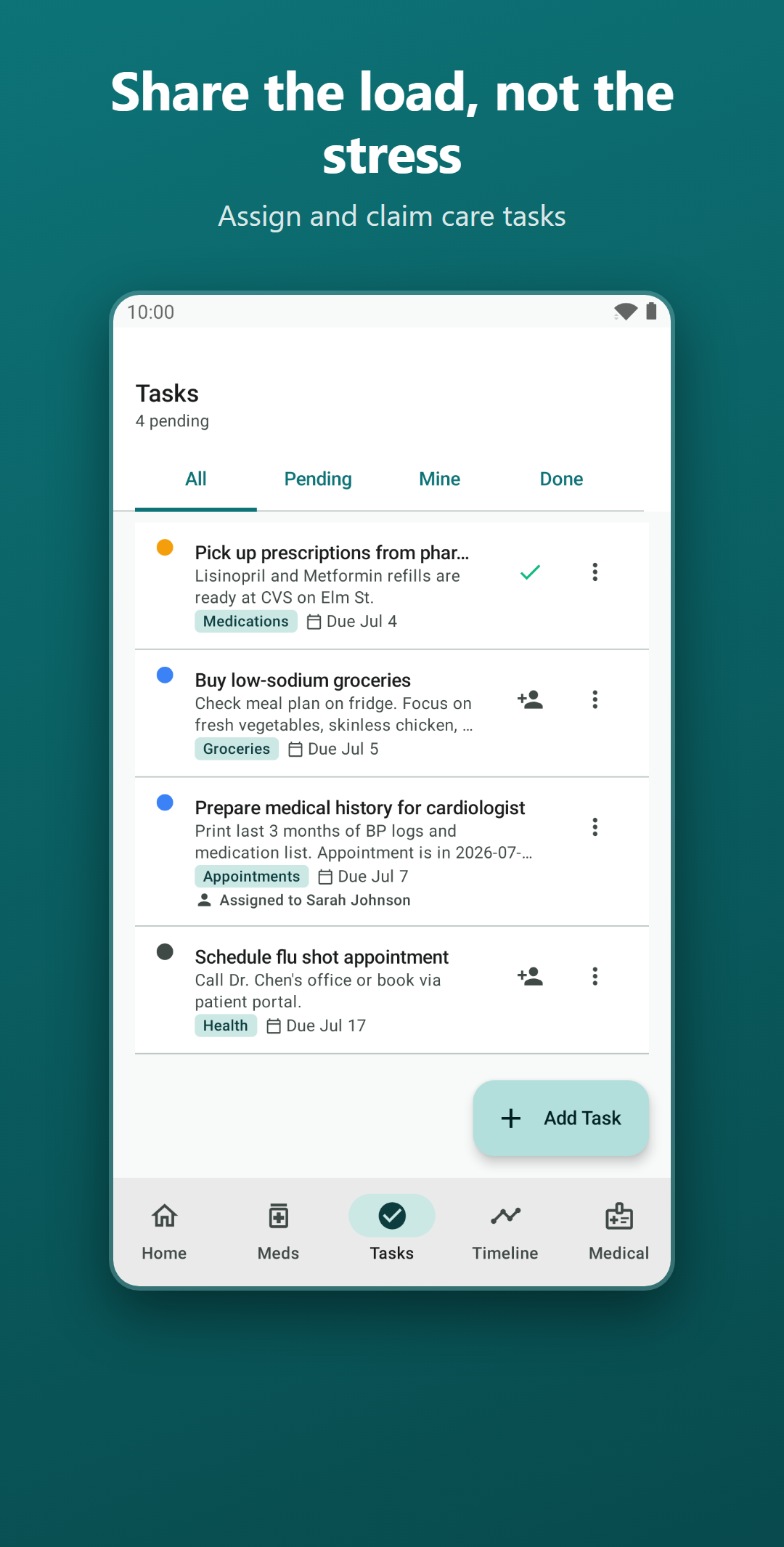 CareRing tasks screen for coordinating caregiving duties